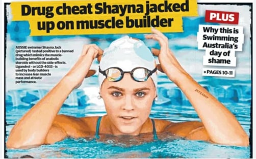 Newspaper page from 2019 headlined “Drug cheat Shayna jacked up on muscle builder”.