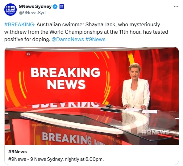 9News Sydney breaking-news post from July 2019 reporting that Shayna Jack had tested positive.