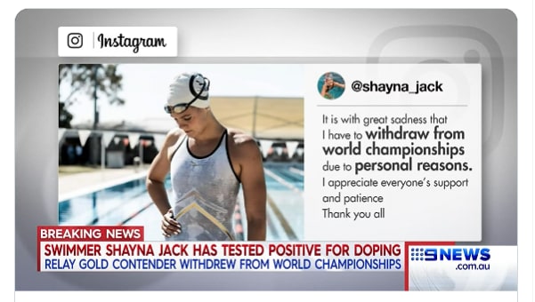 9News bulletin showing Shayna’s Instagram post about withdrawing from the 2019 World Championships.