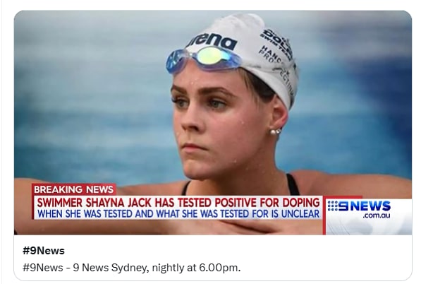 9News bulletin headed “Swimmer Shayna Jack has tested positive for doping”.