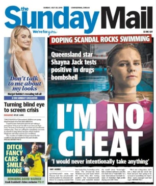 The Sunday Mail front page from July 2019, quoting Shayna: “I’m no cheat.”