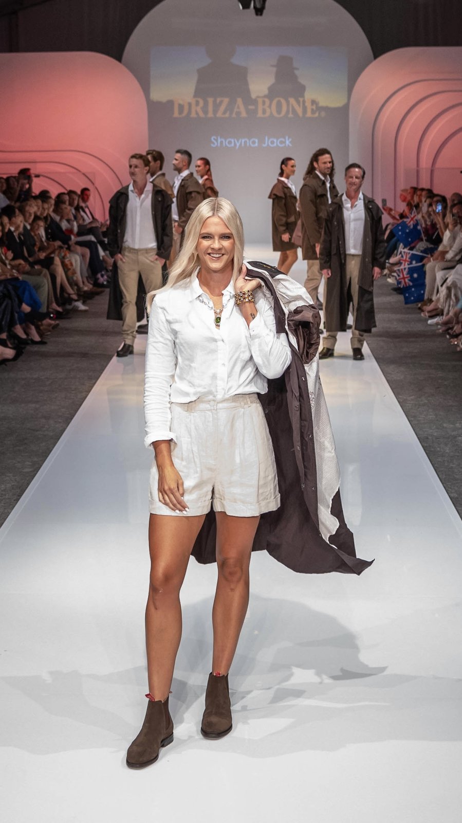 Shayna Jack walking the runway at a Driza-Bone fashion show