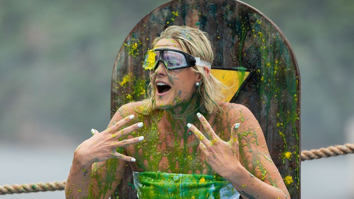 Shayna Jack in goggles and covered in green slime during a challenge on I’m a Celebrity… Get Me Out of Here!